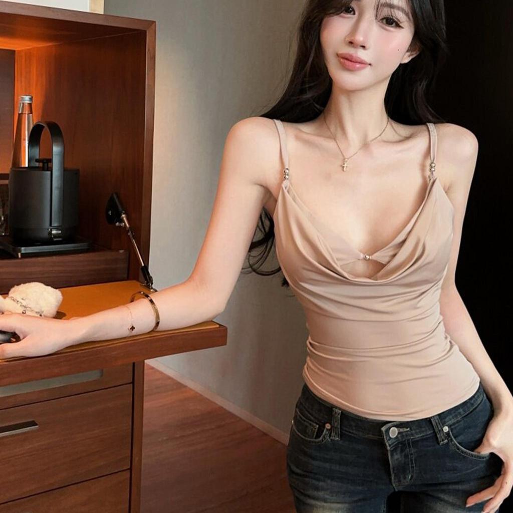 Draped Collar Cami Top Women Sexy Pure Desire Spaghetti Strap Vest Summer Daily Wear