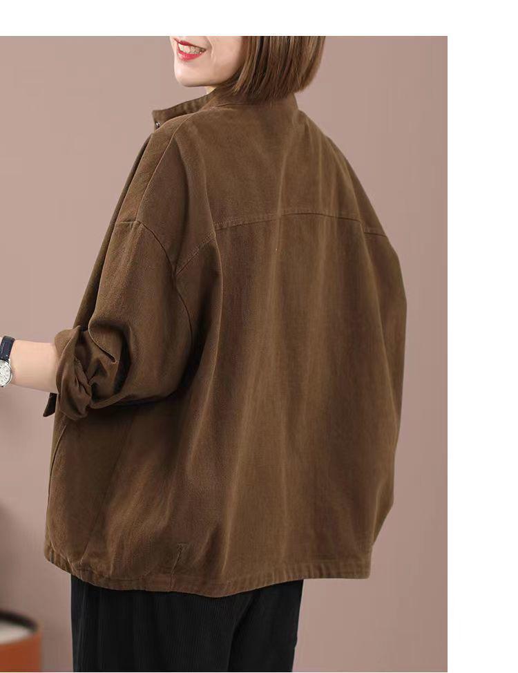 Damejakke i ren bomullsfleece med fôr - Plussstørrelse, Høst/Vinter, Casual løs passform, Kort cardigan, Ståkrage, Baseballstil.