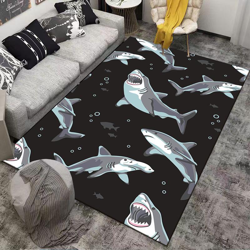 Teppich mit Haifischmuster und Meeresmotiv auf schwarzem Hintergrund, geeignet als rutschfester Überzug für Wohnzimmer, Schlafzimmer, Sofas