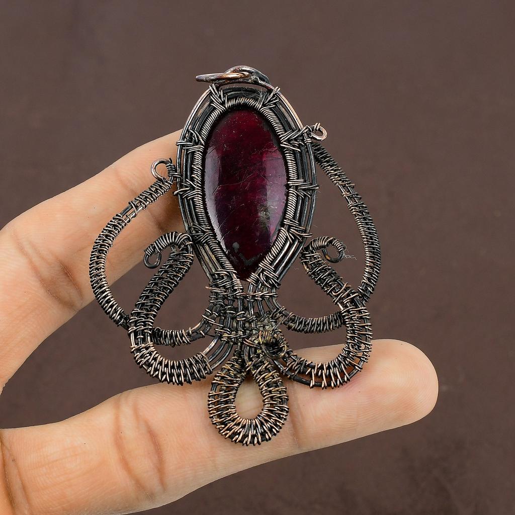 Natural Octopus Red Labradorite Handmade Copper Wire Wrap Pendant 3.27" w2R27