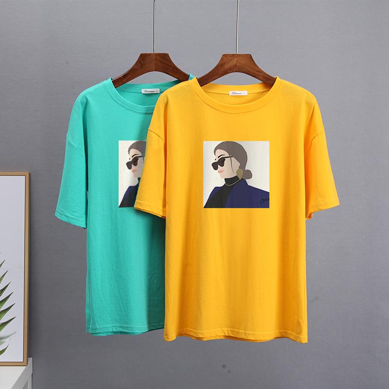 Hirsionsan Elegant Character Printed T Shirt Women Summer Chic Casual Tees Cotton Jumper Clothes Oversized Pullover Female Tops