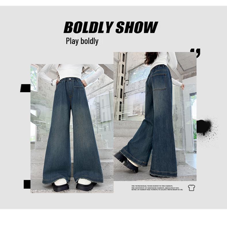 Girls' Wide Leg Jeans - Autumn/Winter 2026, Loose Fit for Junior High Students, Straight Leg