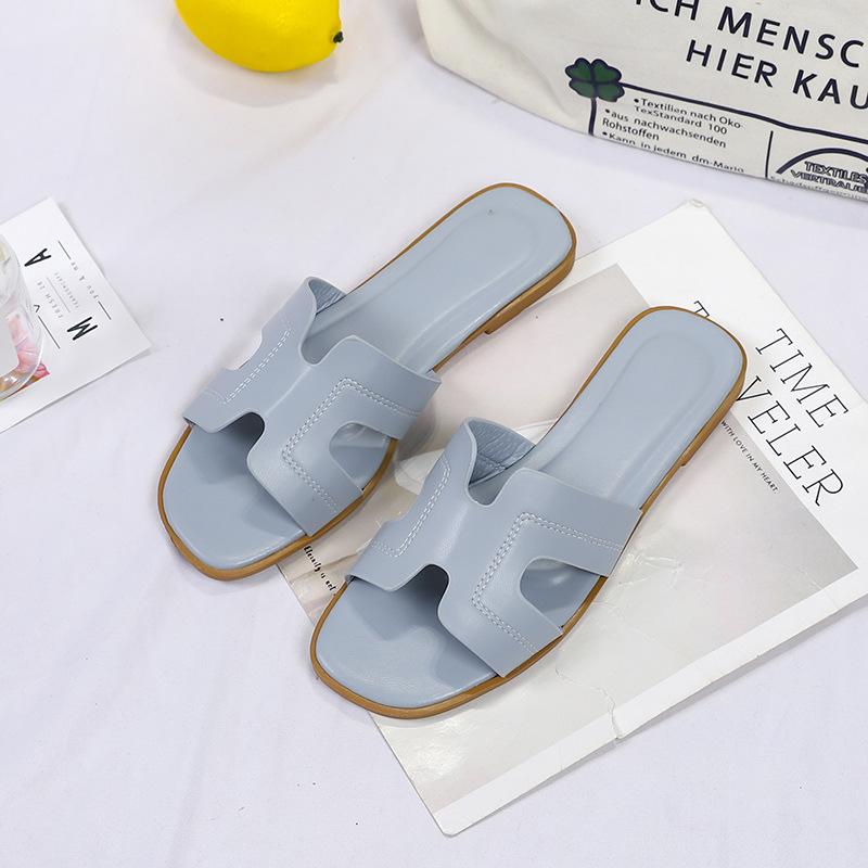 Solid Color One-word Slippers Spring and Summer Outer Wear Ins Beach Non-slip Cool Slippers Large Size