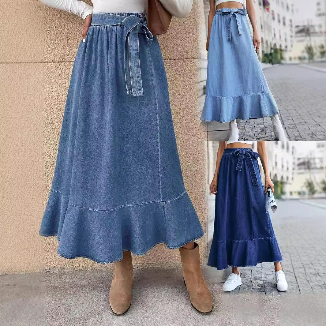 

High-Waist Denim Midi Skirt with Ruffle Pleats for Women Extra Small