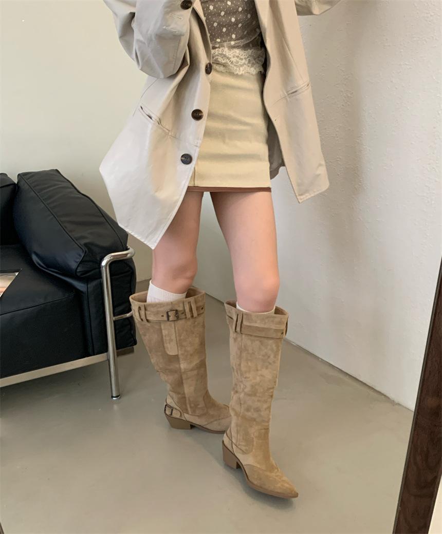 

Niche design rear zipper pointed big tube circumference high heel stacking boots retro western cowboy boots thick heel boots women 39 хакі