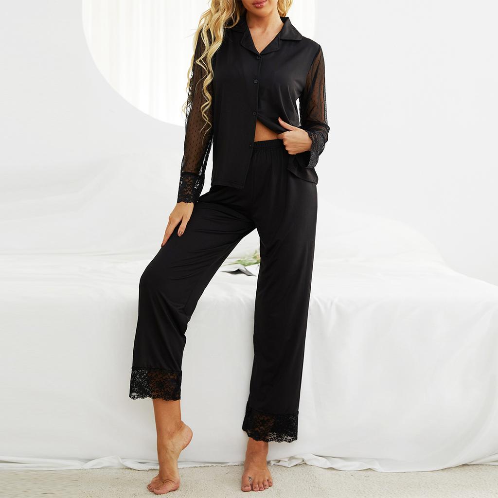 Pigiama Donna Autunno e Inverno Rete Manica Lunga Camicia e Pantaloni Lunghi Due Pezzi Abbigliamento per la Casa
