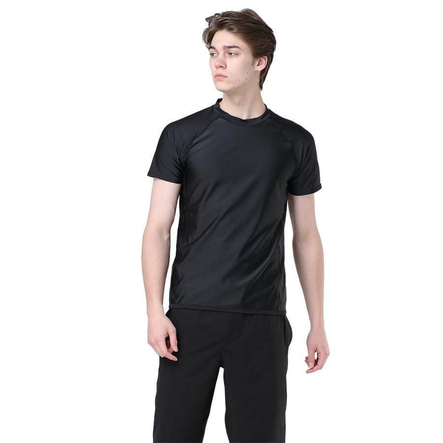 

[KOUKOUCOCO] Men s Lined Short Sleeve Rash Guard (JP, Alphabet, L, Black)