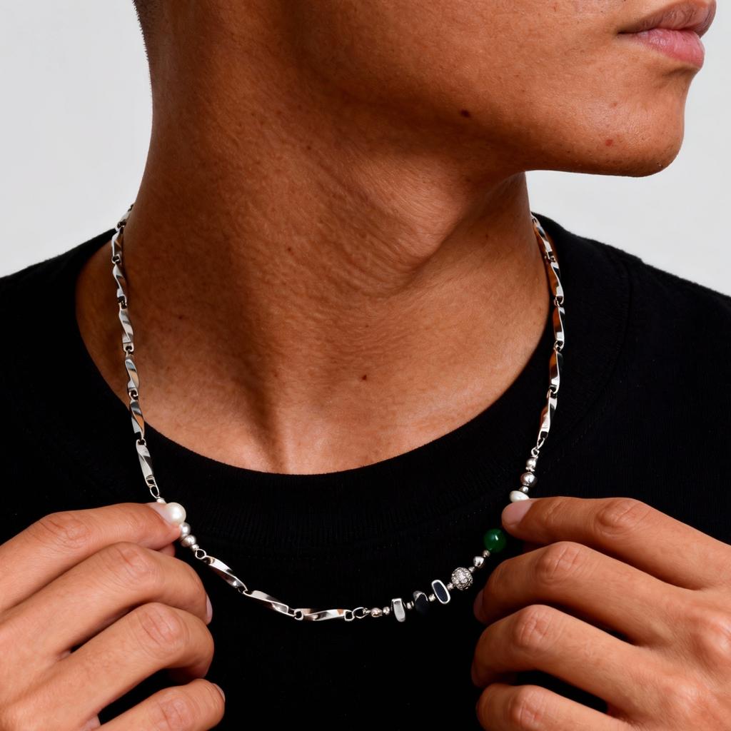 Hiphop Men's Chain Necklace,Green Stone Irregular Metal Beads Collars,Birthday Party Jewelry Gift