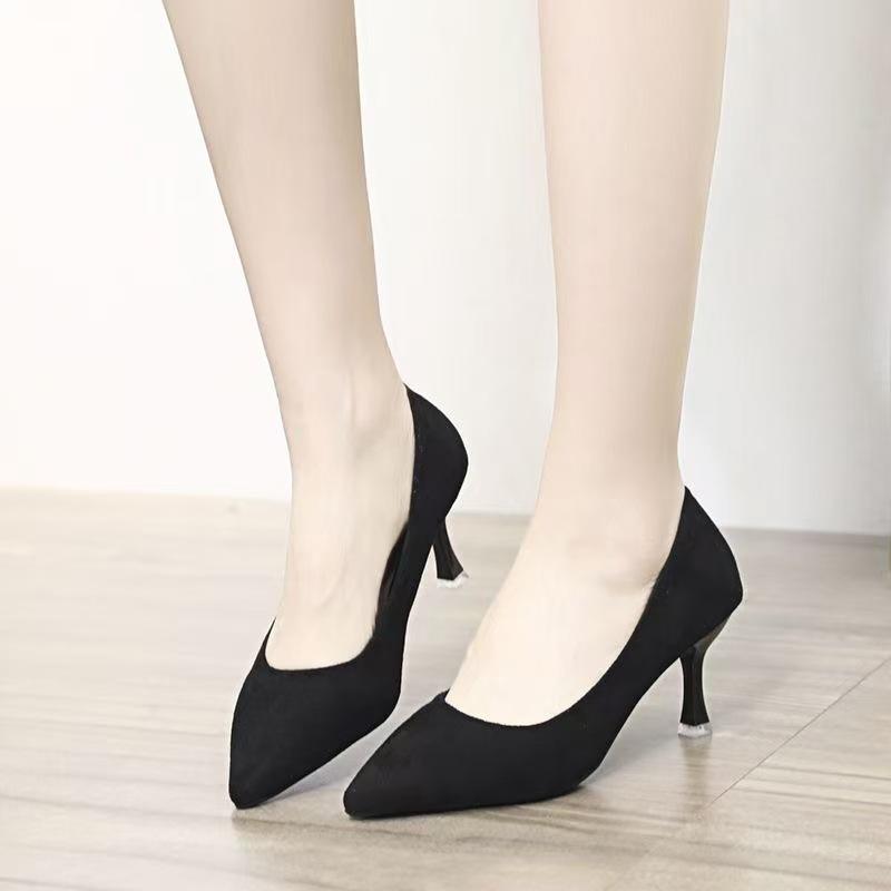 Student etiquette black stiletto high heels low heels women's new stiletto pointed suede work shoes women