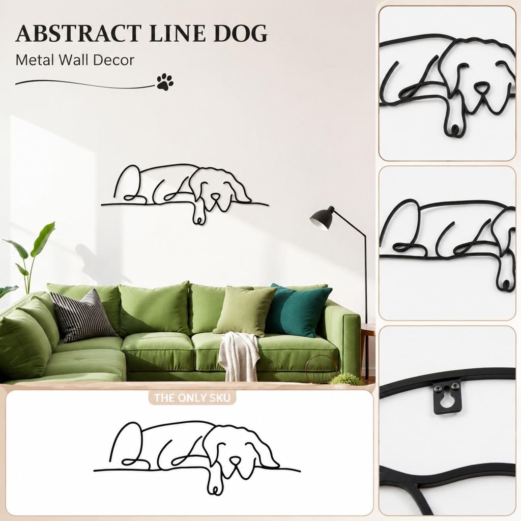 Minimalist Metal Wall Art Abstract Line Dog Sculpture Home Decor Black Iron Wire Animal Figure for Living Room Bedroom Office Decoration