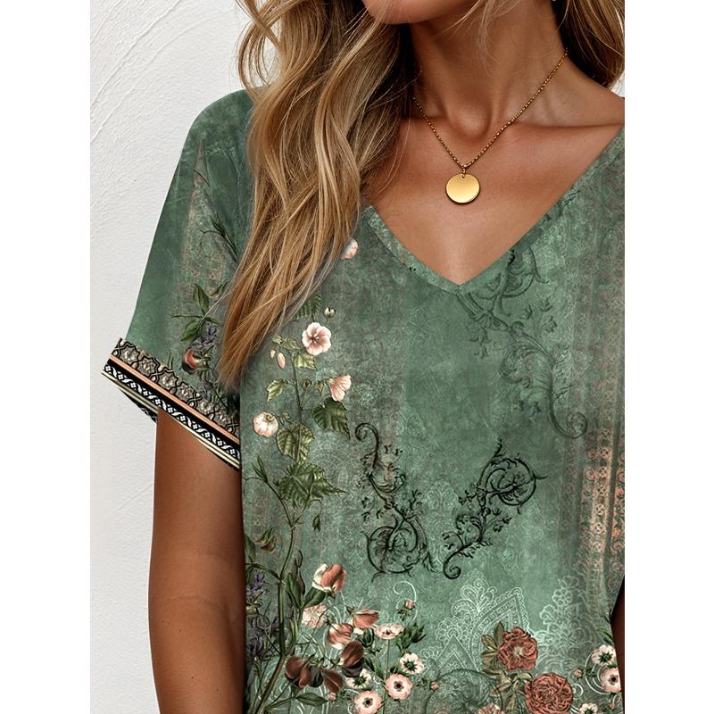 Women's T Shirt Print Ombre Floral Graphic Elegant Vintage Casual Short Sleeve V Neck Regular Tops Daily