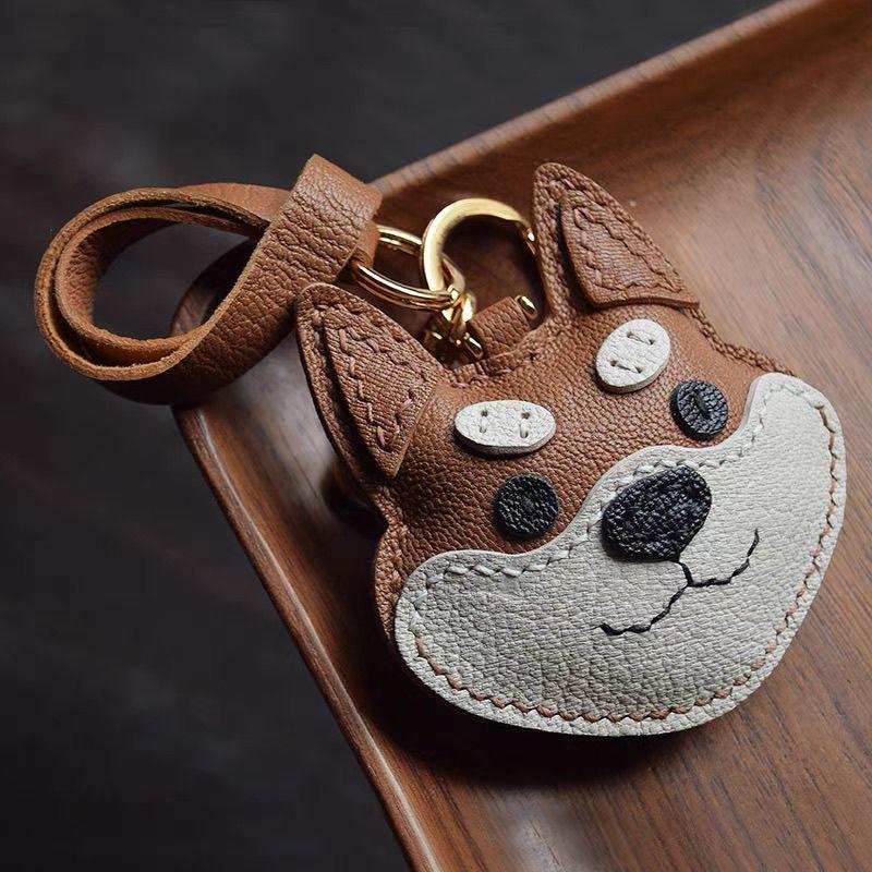 Handmade Genuine Leather Keychain with a Simple and Cute Original Shiba Inu Design Gift