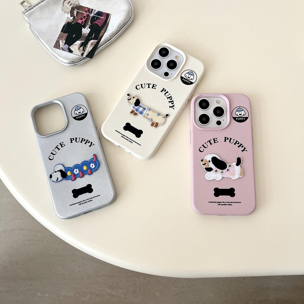 Leather Three dimensional Embroidered Dachshund Dog Suitable for Apple 15 Promax Cartoon Mobile Phone Case 14 New Model 12 Women 13 Anti Fall