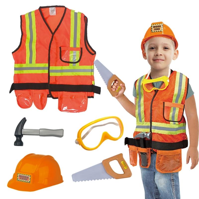 Kids Builder Worker Costume Halloween Fireman Dress up Outfits with Role Play Tool Accessories for Ages 3-12 Boy Girl