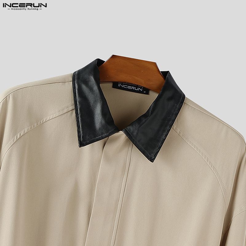 INCERUN S-5XL Men Stitching Collar Zipper Up Long Sleeve Loose Cargo Jackets Coats