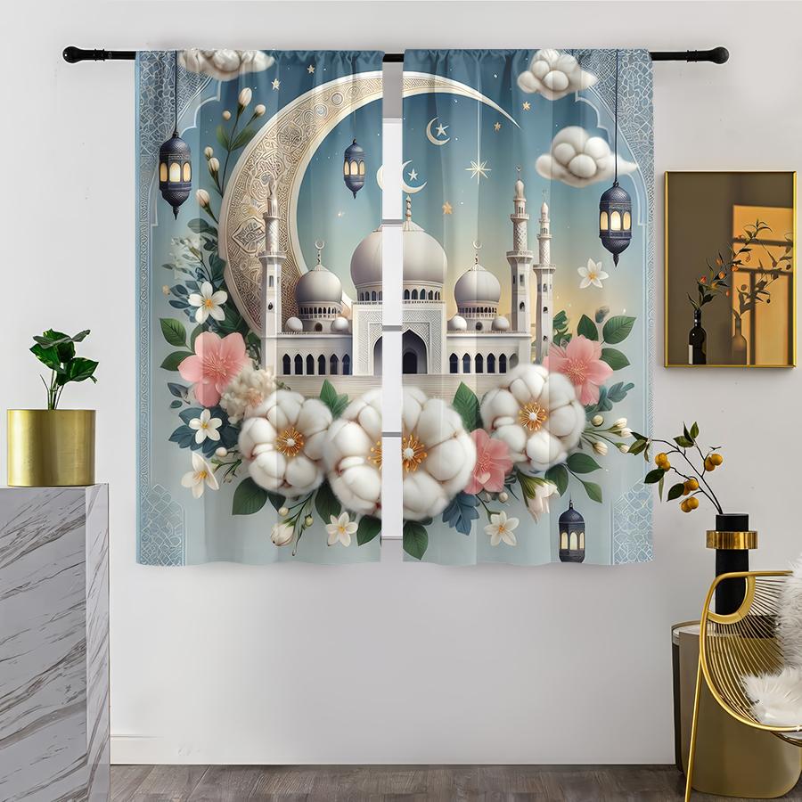 

Set Of 2 Light Blue Bouquet Ramadan Themed Curtains Fresh Breeze Bedroom Living Room Decorative Drawbar Pockets Curtain Polyester Ideal For W100*H70(CM)-Rod Pocket&2PCS