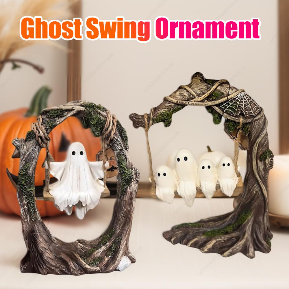 Halloween Cute White Ghost Tree Swing Decoration Resin Spooky Statue Home Car Ornaments For Desk Windowsills Dining Tables