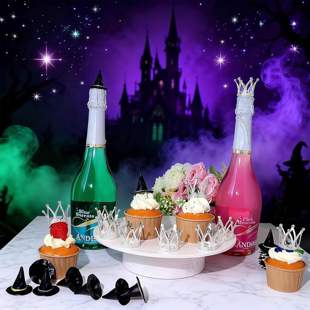 Zlobivé toppery na cupcaky Klobouk čarodějnice & Koruna Topper na dort 20 ks Mini korunky pro narozeniny princezny Dekorace na čarodějnickou párty Dekorace na dort