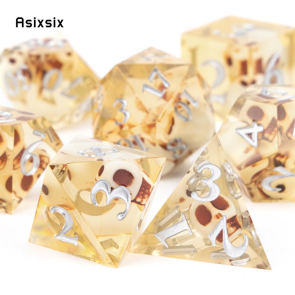 7 Pcs Yellow Skull Resin White Number Sharp Edge Dice Polyhedral Dice Suitable For Role-Playing Dice PropBoard Game Gift