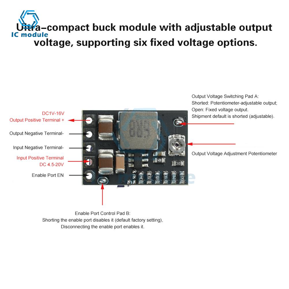 DC-DC Adjustable Buck Converter Module 4.5V-20V to 1-16V/1.8V/2.5V/3.3V/5V/9V/12V Fixed Output, 2A 10W with Enable Pin
