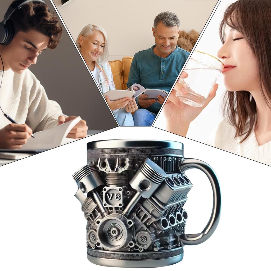 Kaffeebecher mit Henkel V8/V6 Edelstahl Motor Design Formgebung Zuhause Küche Handgefertigt Wasserbecher Doppelwandig Isoliert