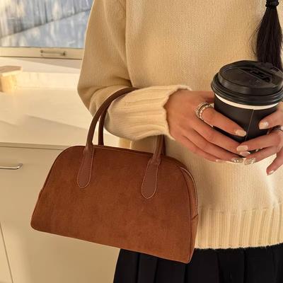 Brown Suede Boston Bag for Women's Autumn and Winter Korean Bowling Bag High-end Pillow Bag Handbag