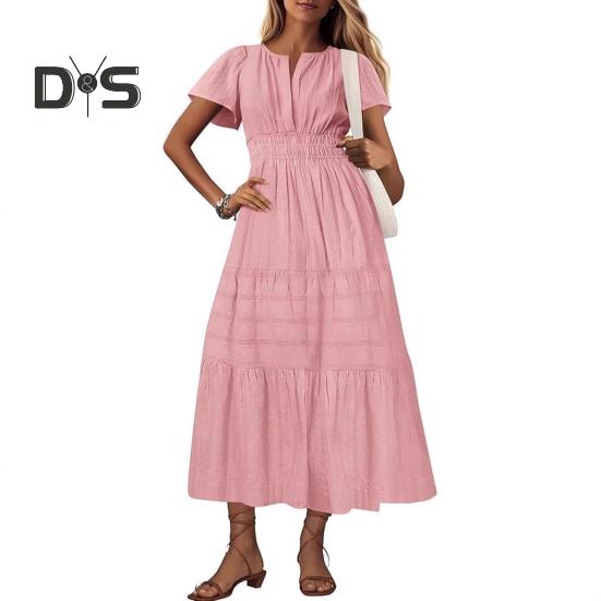 Women's Summer Maxi Dress Casual V-Neck Short Sleeve Tiered Flowy Dress Smocked Waist Pleated Long Dress