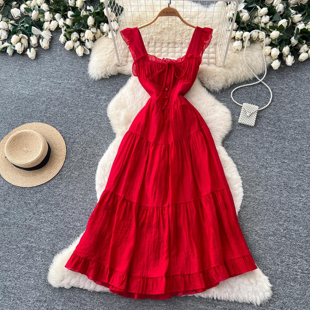 French Romantic Style Suspender, Playful Sleeveless Dress, Women's Summer Strap, Waist and Thin A Word Cake Skirt, Vacation Style
