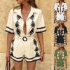 Women 2 Piece Set Floral Embroidered Short Sleeve Shirt and High Waist Shorts With Belt Multi Color