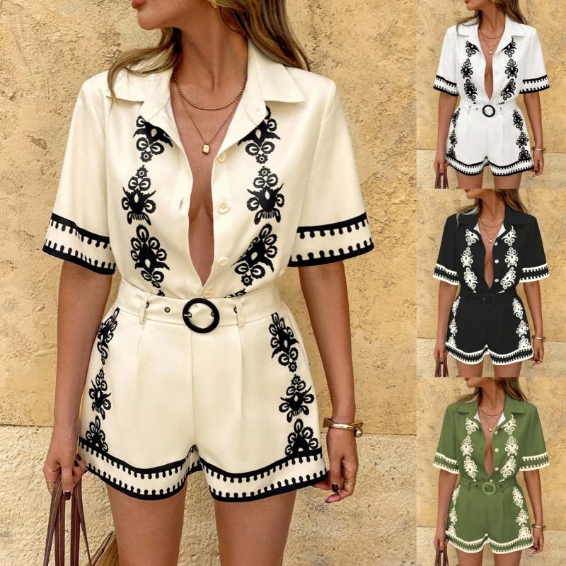 Women 2 Piece Set Floral Embroidered Short Sleeve Shirt and High Waist Shorts With Belt Multi Color