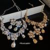 Silbernadel Diamantblume Wassertropfen Ohrhänger Halskette Set Hofstil Schlüsselbein Kette Schmuck Damen