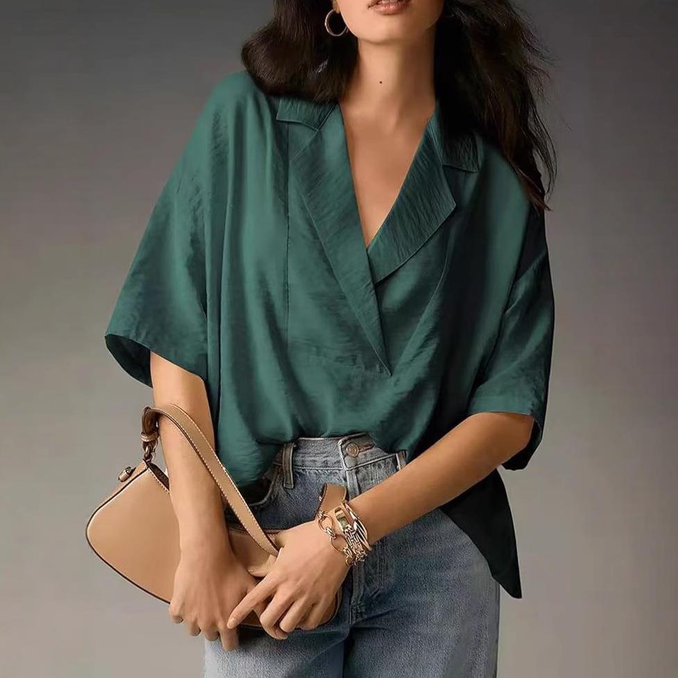 Damen Lapel V-Ausschnitt Fledermausärmel Bluse Oversized Lockerer Schnitt Lässiges Arbeitshemd