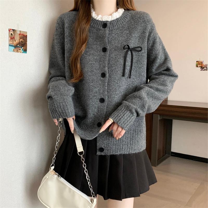 Korean Lace Round Neck Knit Cardigan with Bow - Women's Early Autumn Top