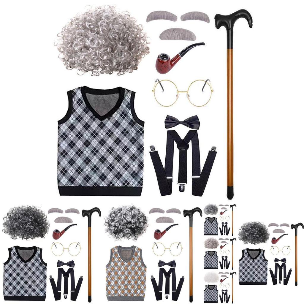 Classic Grandfather Costume Wig Set Featuring Short Soft Curly Hair And Stylish Vest For Kids