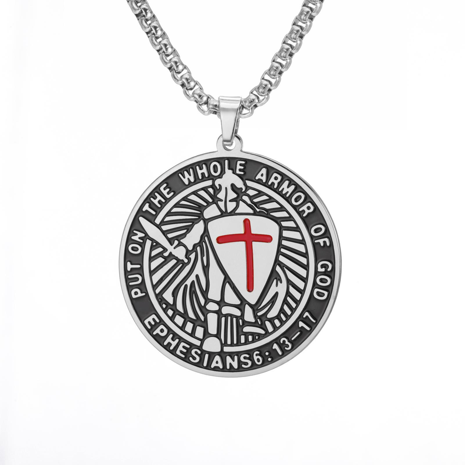 

LIKGREAT Christian Armor of God Necklace for Men Stainless Steel Knight Neckchain Religious Cross Bible Verse Jewelry Gift 60cm