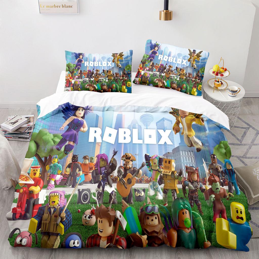 Roblox Spel Tema Sängkläder Set Färgstarkt Tryck Polyester Studentrum Lakan Påslakan Barnpresent Hemtextil Dekorativ
