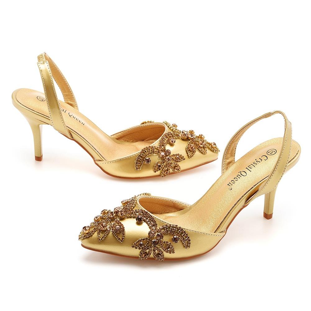 7cm Shallow Tip Toe White Wedding Sandals Thin Heels Small Size Rhinestone Chain Wedding Shoes Bride Wedding Photo Shoes