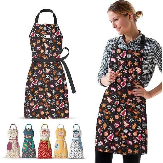 Waterproof Apron for Adults – Adjustable Fit with Deep Pockets, Stylish Cooking & Baking Apron for Women & Men Holiday Season
