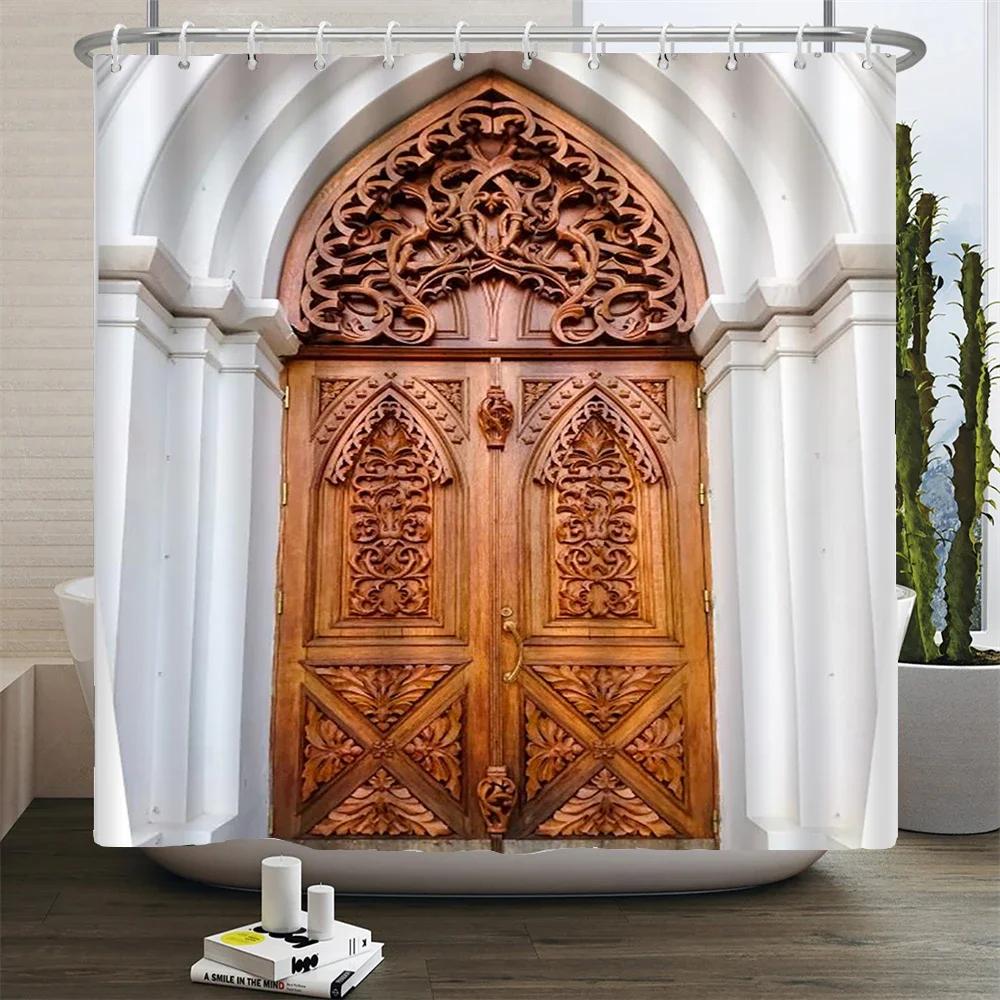 

European Arch Door Shower Curtains Bathroom Curtain Printed Waterproof Polyester Fabric Bath Screen Curtain For Home Decor With W60H190(CM)-1 Pcs