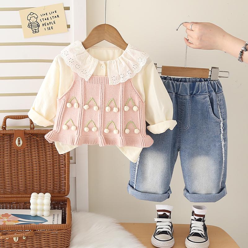 0-5-year-old girls' long sleeved 3-piece set, Girls' cherry patterned sweater vest, lapel shirt+casual pants set