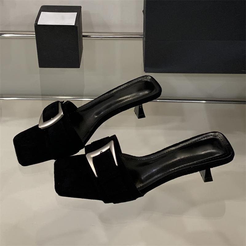 Fashion Eilyken New Summer Square Toe Women Slippers Fashion Buckle Strap Low Heels Banquet Party Slide Shoes Sandals