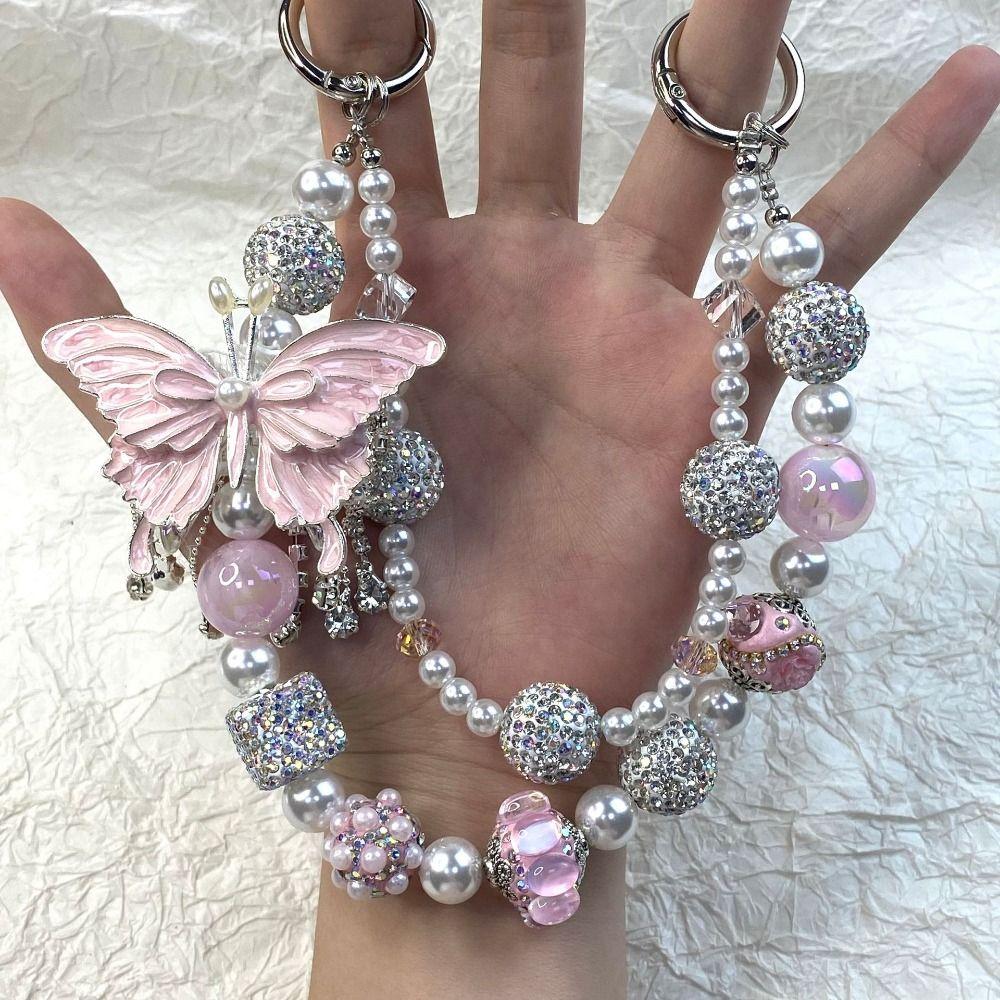 Glitter Rhinestone Phone Chain Pearl Beaded Cell Phone Lanyard Backpack Pendant