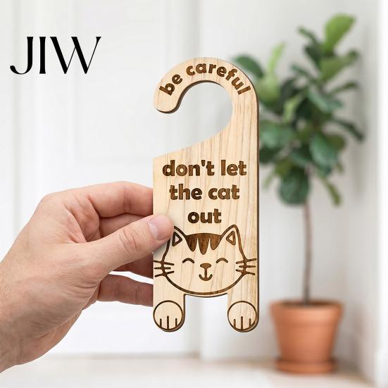 Pet Shop Door Sign Cat Warning Handle Sign, Wooden Cartoon Hanging Reminder, Escape Prevention Safety Knob Hanger, for Bedroom And Entryway Doors Cafe