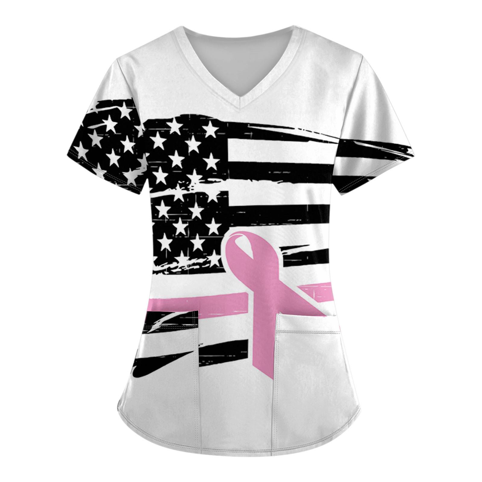 

Женская модная рабочая одежда с v-образным вырезом и коротким рукавом с карманной футболкой с принтом. L белый