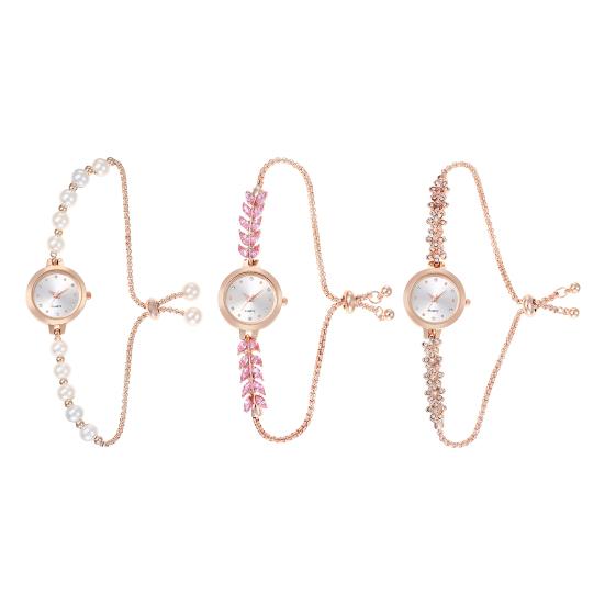 Femei stras brățară ceas reglabil Faux Pearl curea rotund cadran doamnelor casual rochie formală cuarț ceas de mână bijuterii accesoriu de modă