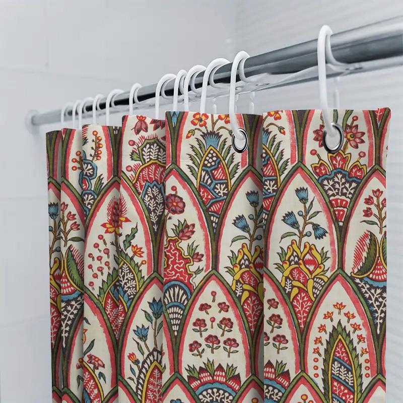 Vintage Style Shower Curtain Floral Print, Polyester Fabric, Waterproof Bath Liner Decor Multicolored Pattern (White/Red/Green)