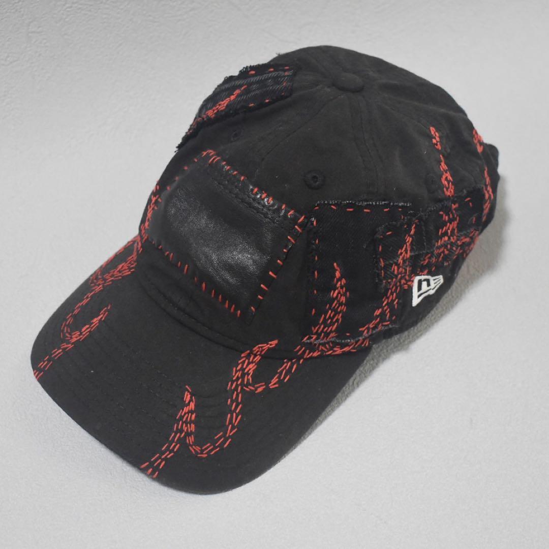 

[USED] One-of-a-kind NEW ERA 9THIRTY Sashiko Cap with Flame Embroidery in Rag Fabric (Black and Red)