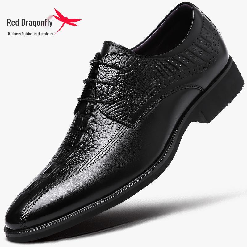 Red Dragonfly Men s Pointed Toe Casual Business Formal Leather Shoes with Crocodile Pattern, British Korean Style, Non-slip Genuine Leather. 42