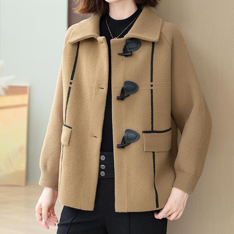 Dámská podzimní a zimní ležérní bunda Módní knoflíková vlněná bunda