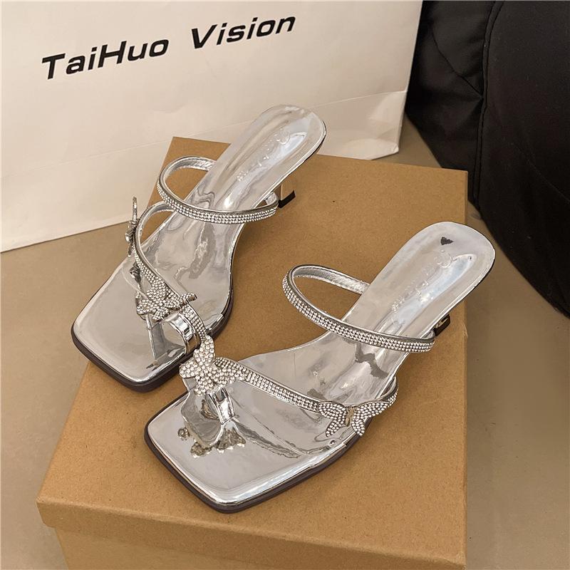 Summer women's butterfly beautiful one-pedal high-heeled slippers 2025 new fairy rhinestone crystal sandals